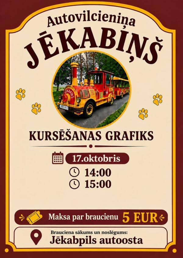 Tourist train "Jēkabiņš" timetable for Saturday